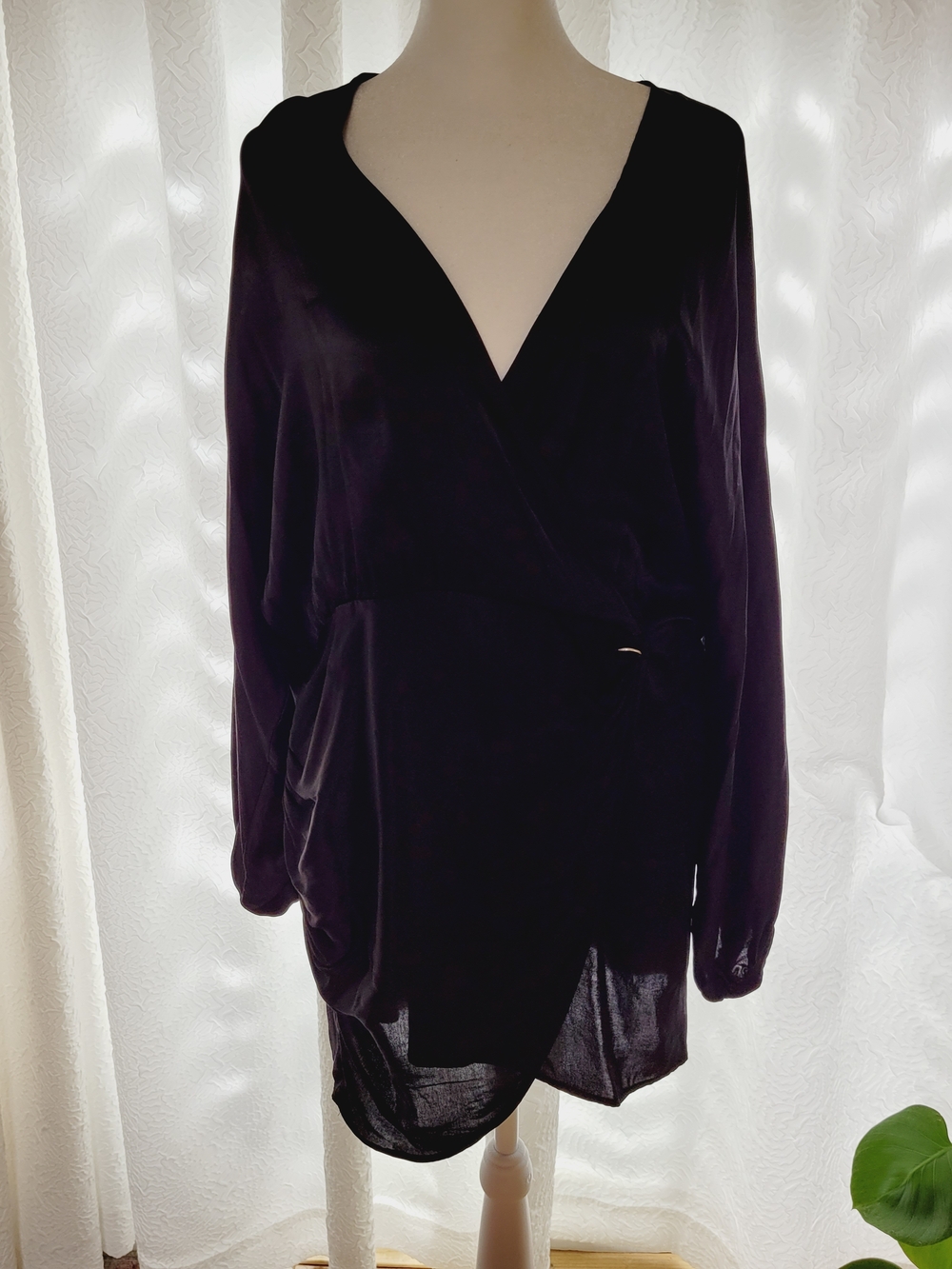 Zara Long Sleeve Black Satin Wrap-Style Dress